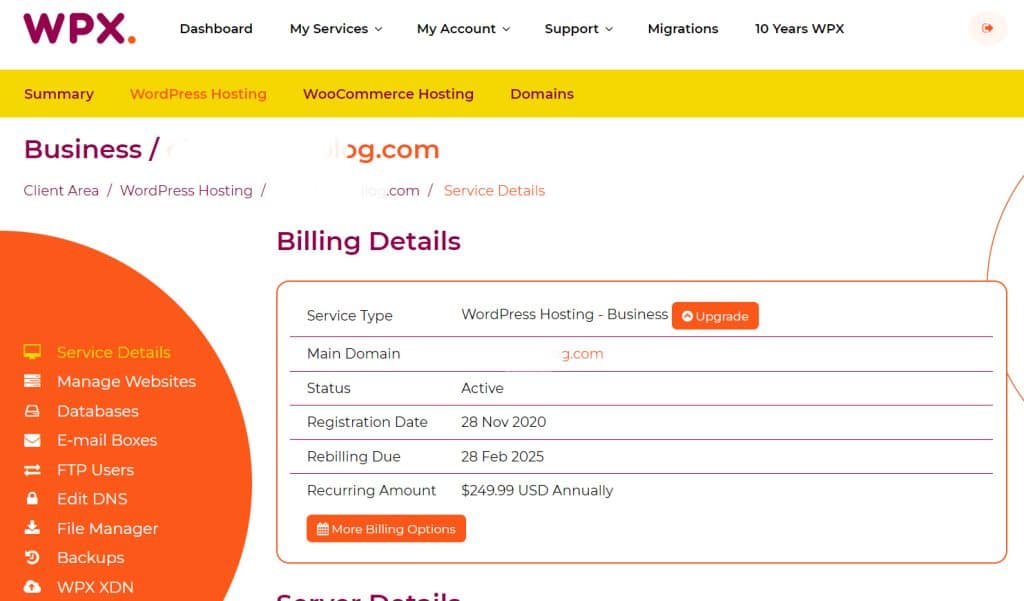 WPX Hosting Dashboard
