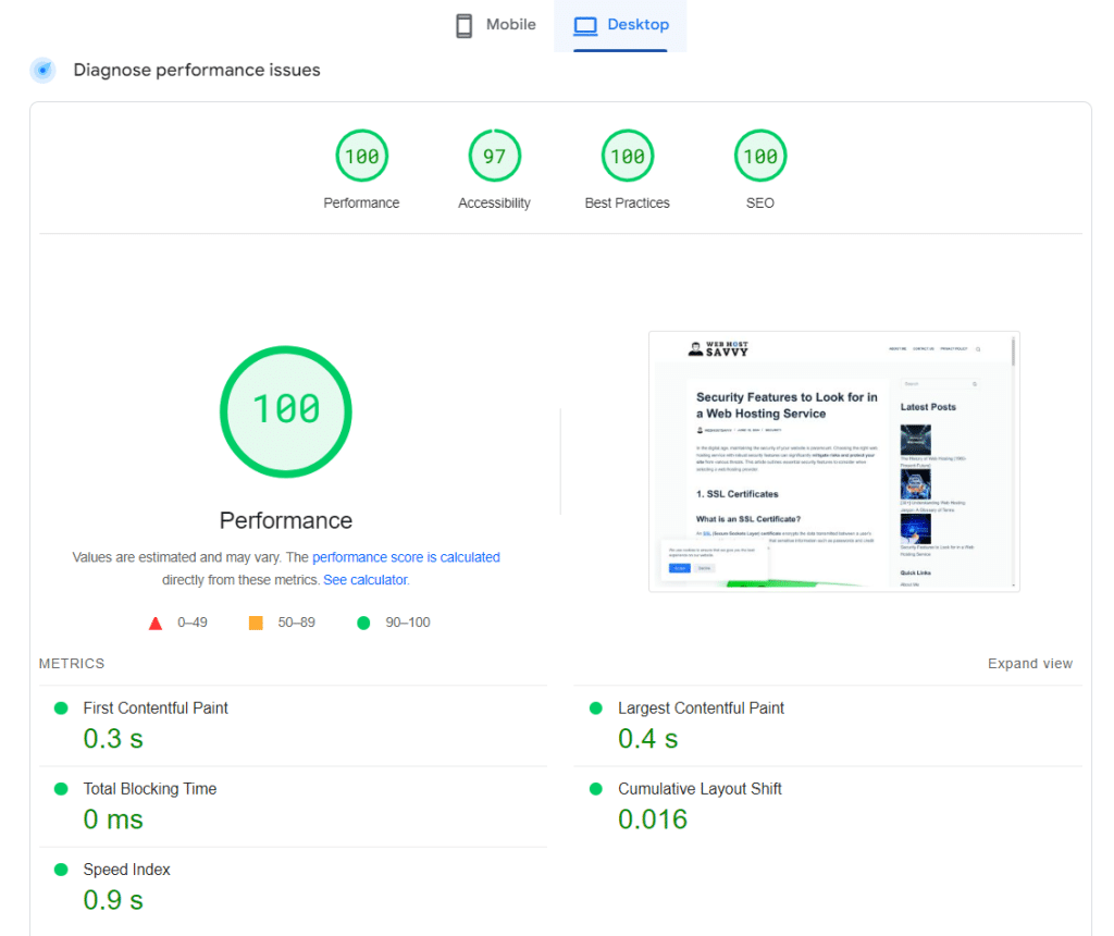 WebHostSavvy PageSpeed Insights Desktop Result